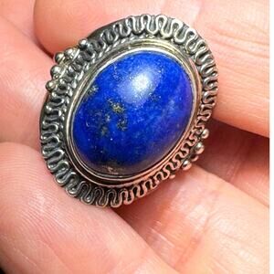 925 Sterling Silver Vintage Real Cabochon Lapis Lazuli Swirl Ring Size 10